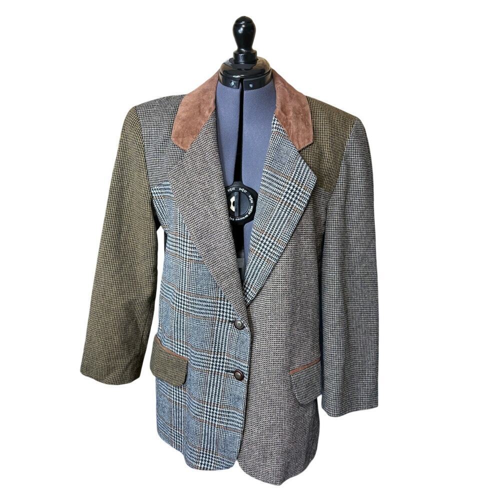Vintage EASTWEST Tweed Blazer Small Mixed Tweed Panels Suede Collar Wool Blend